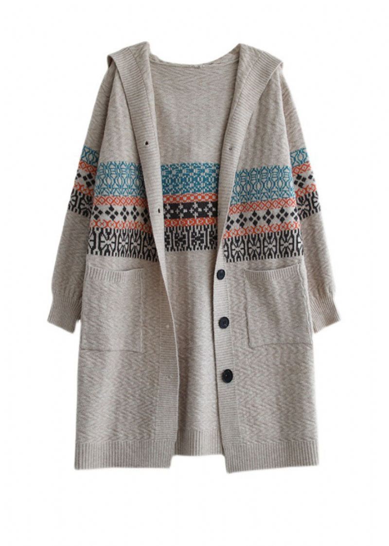 Kvinner Beige Button Strikket Hette Frakker Cardigans Spring - Rød