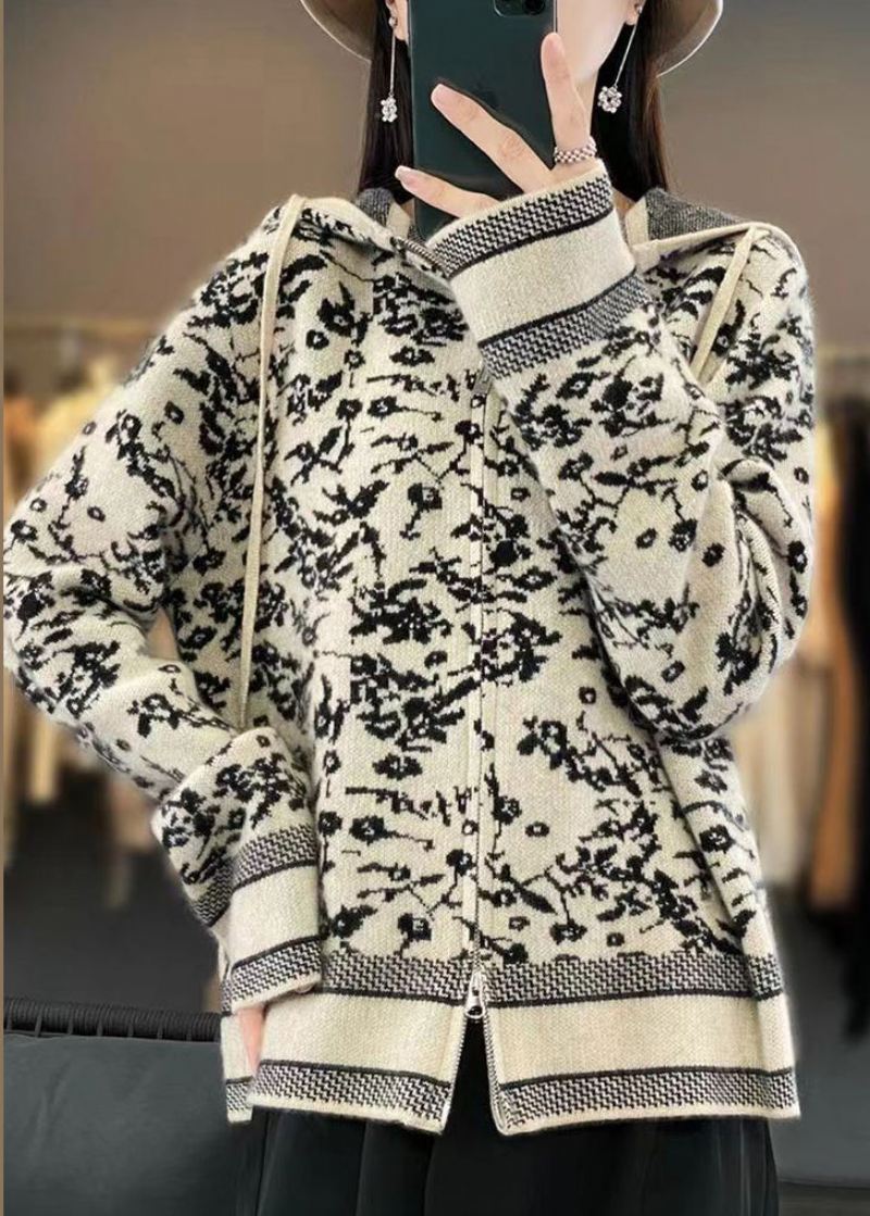 Kvinner Beige Hette Med Glidelås Print Ull Strikk Coat Langermet - Cardigans for kvinner