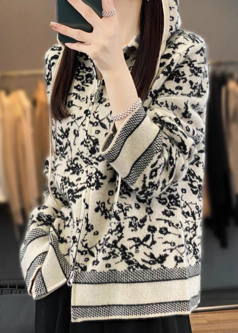 Kvinner Beige Hette Med Glidelås Print Ull Strikk Coat Langermet - Cardigans for kvinner