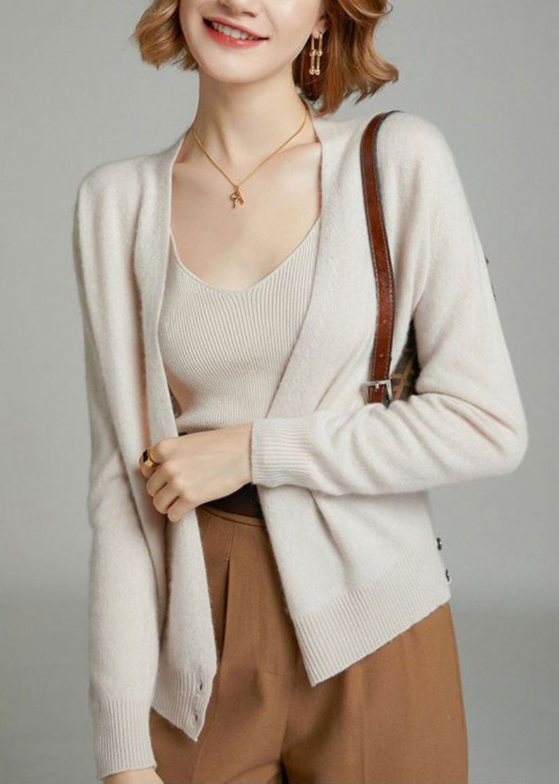 Kvinner Beige V-hals Knapp Patchwork Ullstrikket Cardigan Fall - Cardigans for kvinner