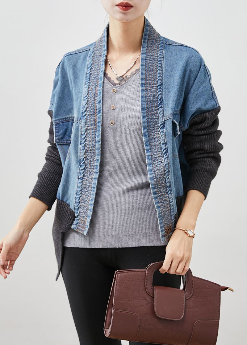 Kvinner Blå Oversized Patchwork Strikk Denim Løs Frakk Høst - Cardigans for kvinner