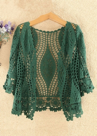 Kvinner Blackish Green Solid Hollow Out Cotton Knit Cardigan Summer