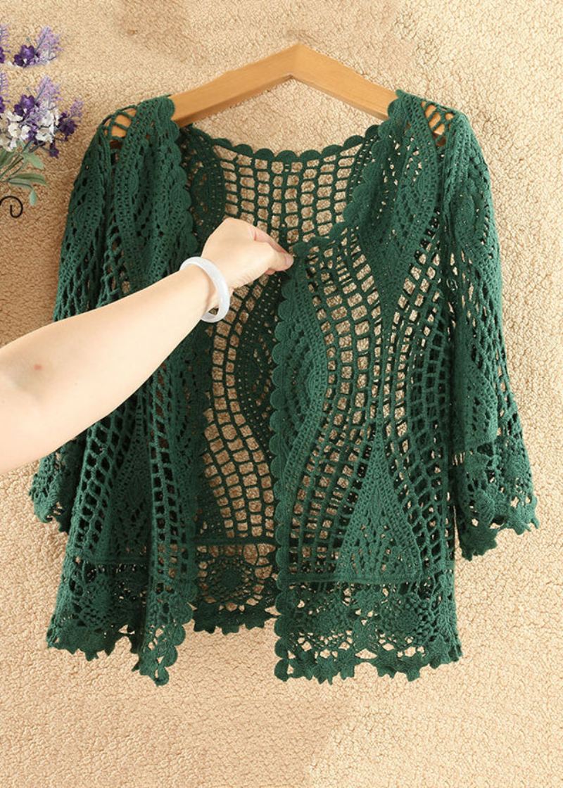 Kvinner Blackish Green Solid Hollow Out Cotton Knit Cardigan Summer - Cardigans for kvinner