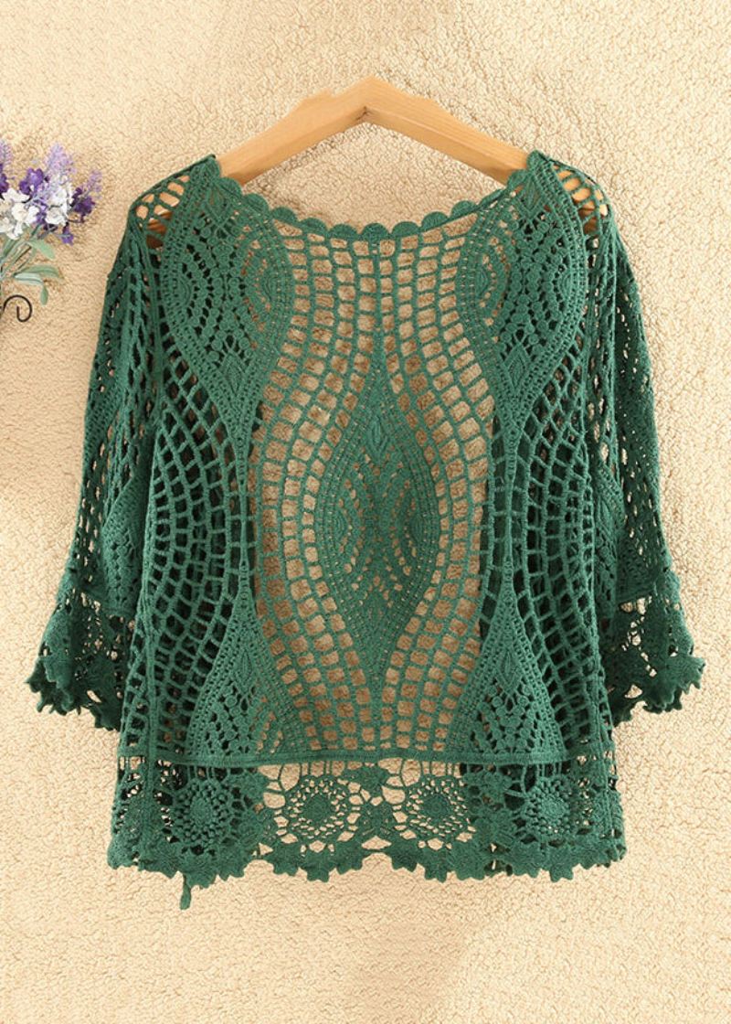 Kvinner Blackish Green Solid Hollow Out Cotton Knit Cardigan Summer - Cardigans for kvinner