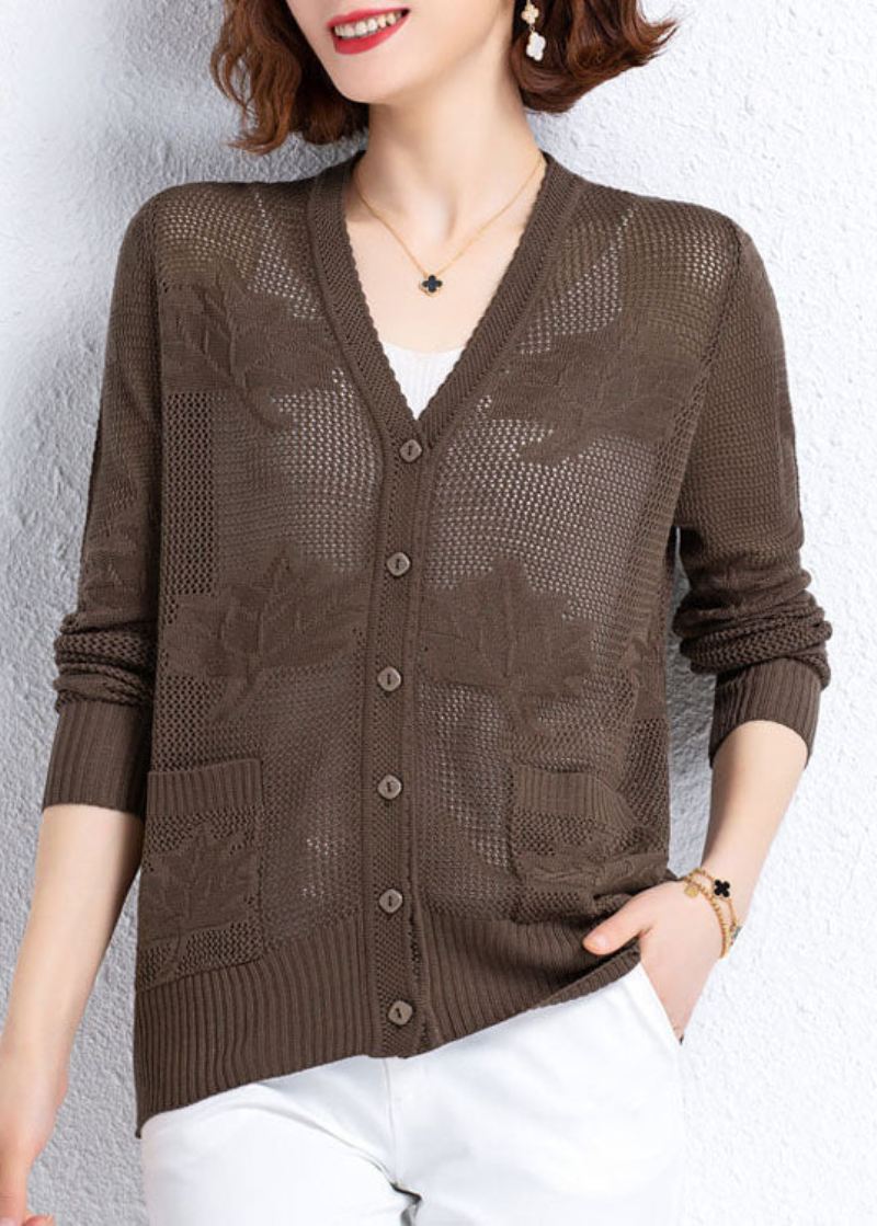 Kvinner Khaki Hollow Out Brodert Patchwork Tynnstrikket Cardigan Fall