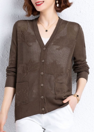 Kvinner Khaki Hollow Out Brodert Patchwork Tynnstrikket Cardigan Fall