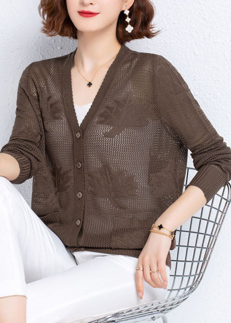 Kvinner Khaki Hollow Out Brodert Patchwork Tynnstrikket Cardigan Fall - Cardigans for kvinner