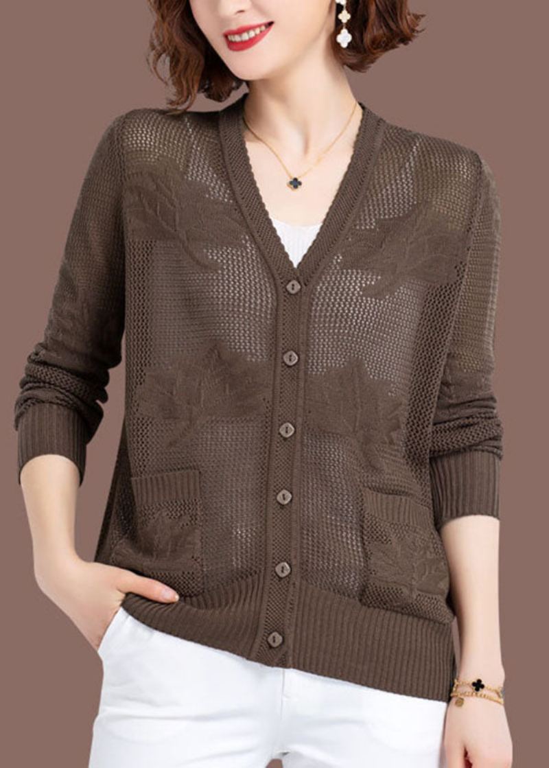 Kvinner Khaki Hollow Out Brodert Patchwork Tynnstrikket Cardigan Fall - Cardigans for kvinner