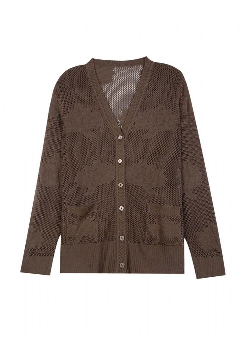 Kvinner Khaki Hollow Out Brodert Patchwork Tynnstrikket Cardigan Fall - Cardigans for kvinner