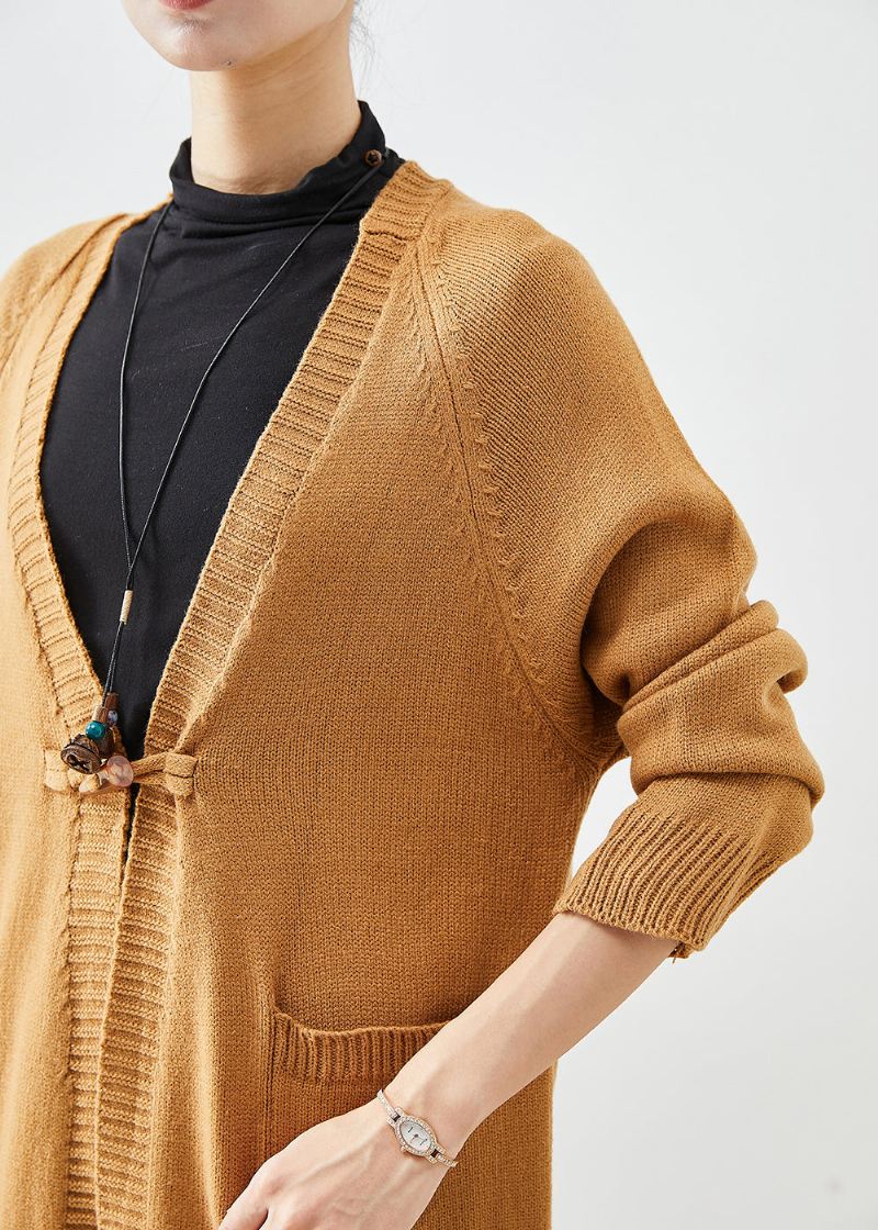 Kvinner Khaki Oversized Lommer Strikket Cardigan Fall - Cardigans for kvinner