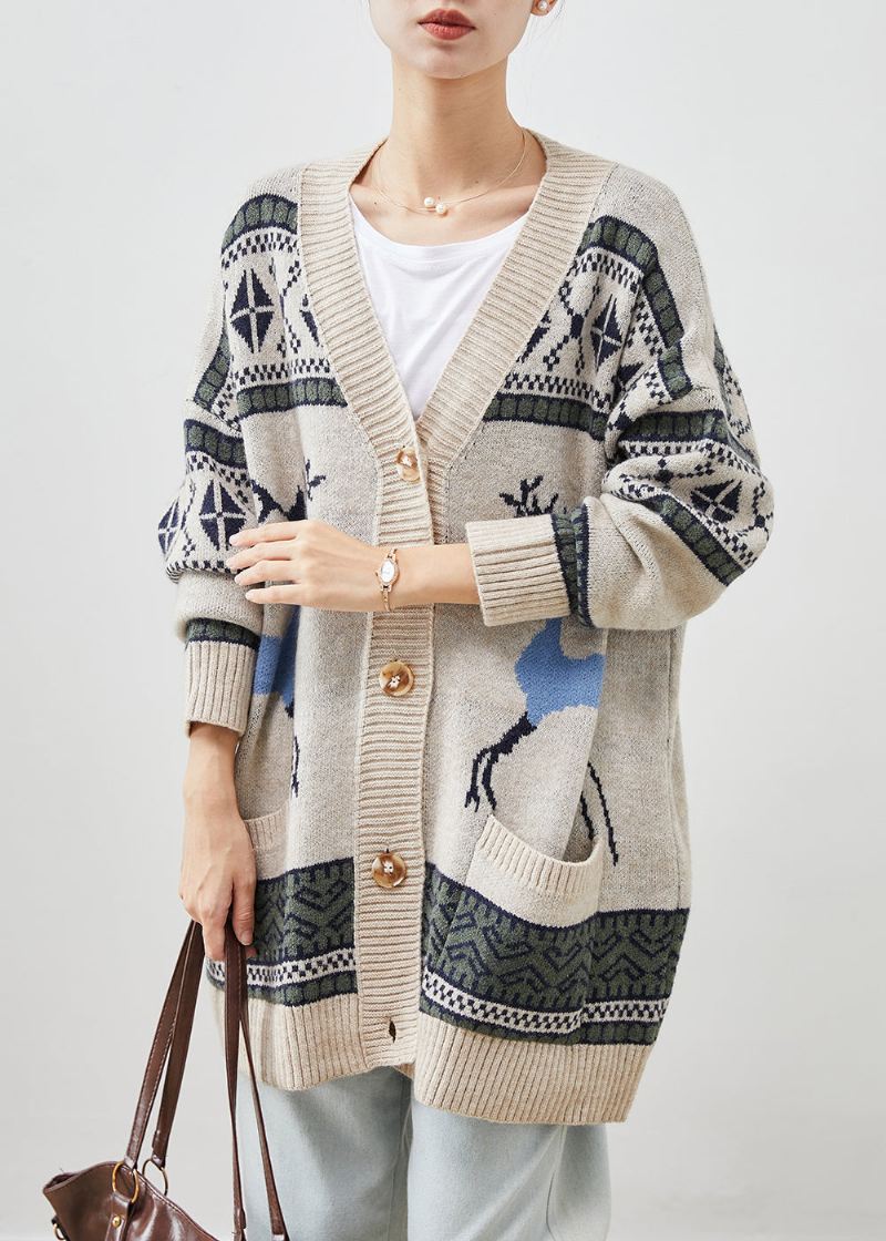 Kvinner Khaki Oversized Print Strikkede Cardigans Vinter - Cardigans for kvinner