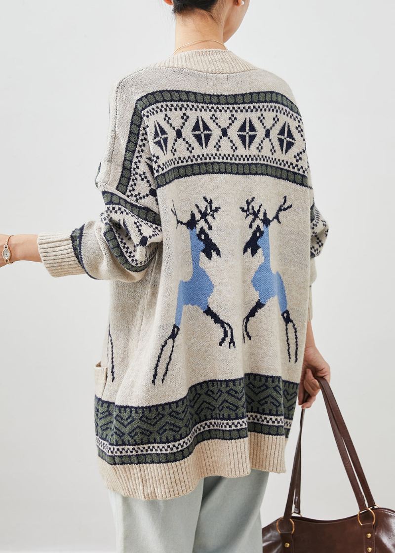 Kvinner Khaki Oversized Print Strikkede Cardigans Vinter - Cardigans for kvinner