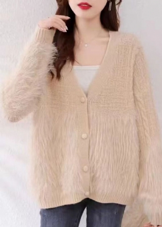 Kvinner Khaki V-hals Patchwork Mink Hår Strikket Cardigan Fall