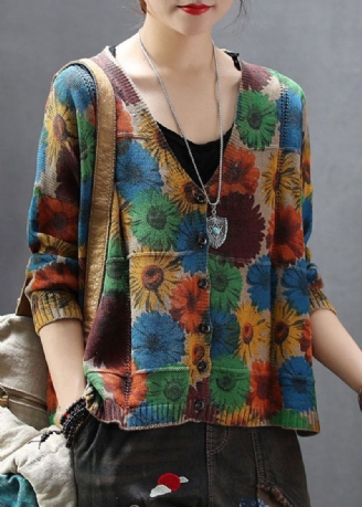 Kvinner Khaki V Neck Print Strikk Cardigan Spring