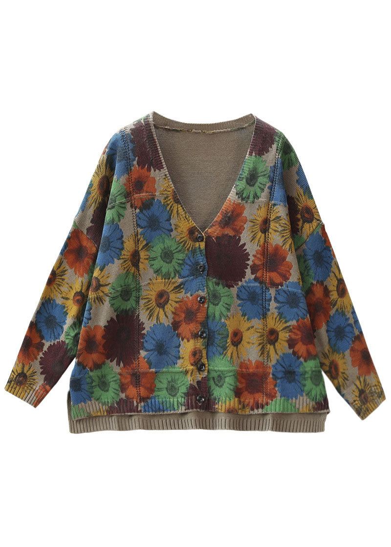 Kvinner Khaki V Neck Print Strikk Cardigan Spring - Cardigans for kvinner