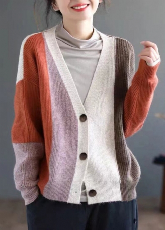 Kvinner Oransje Colorblock Button Patchwork Knitting Cardigan Fall