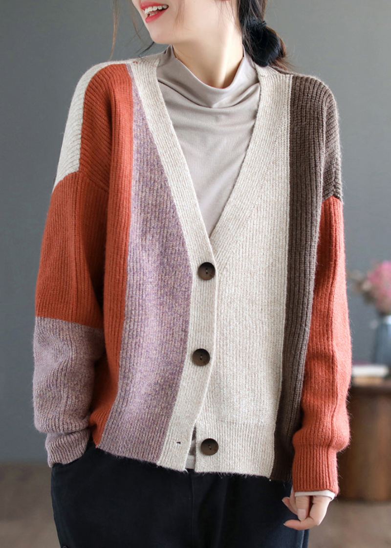 Kvinner Oransje Colorblock Button Patchwork Knitting Cardigan Fall - Cardigans for kvinner