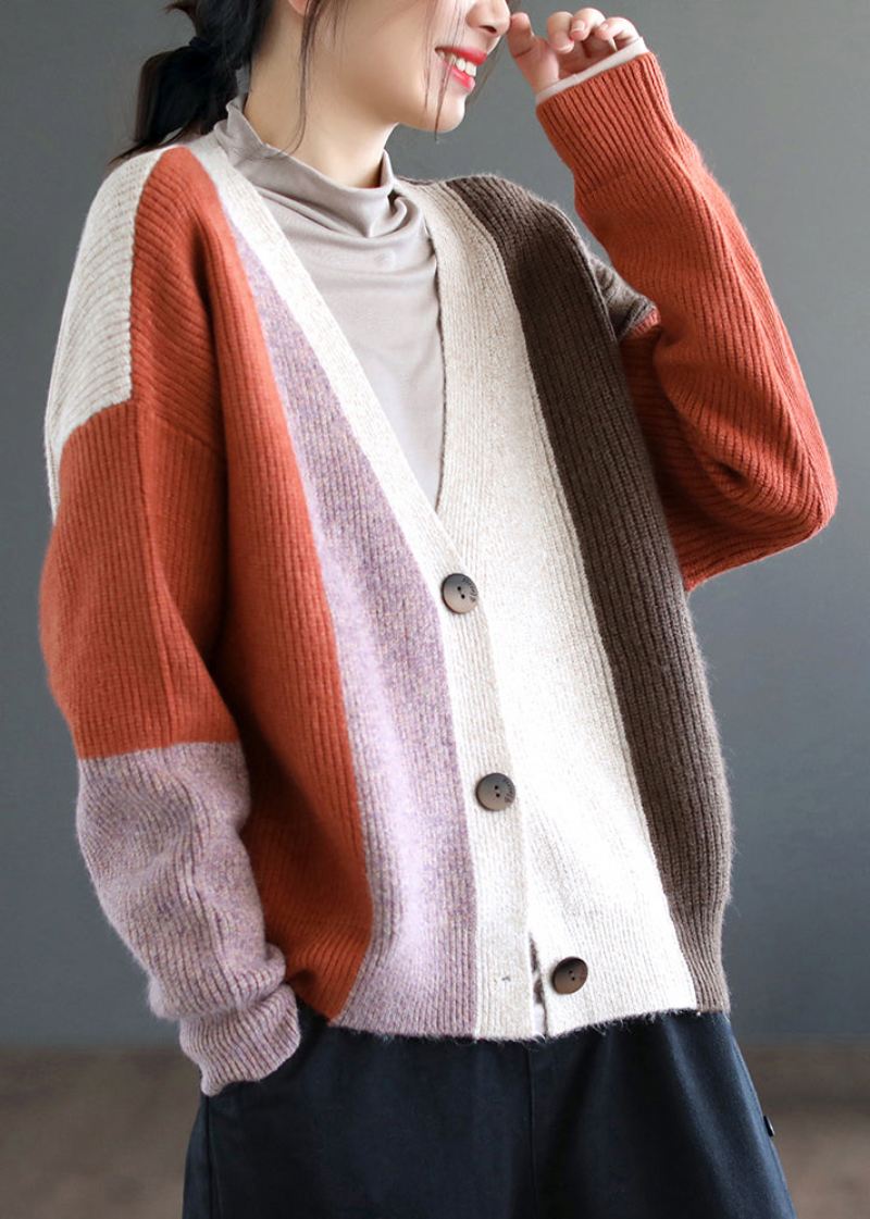 Kvinner Oransje Colorblock Button Patchwork Knitting Cardigan Fall - Cardigans for kvinner