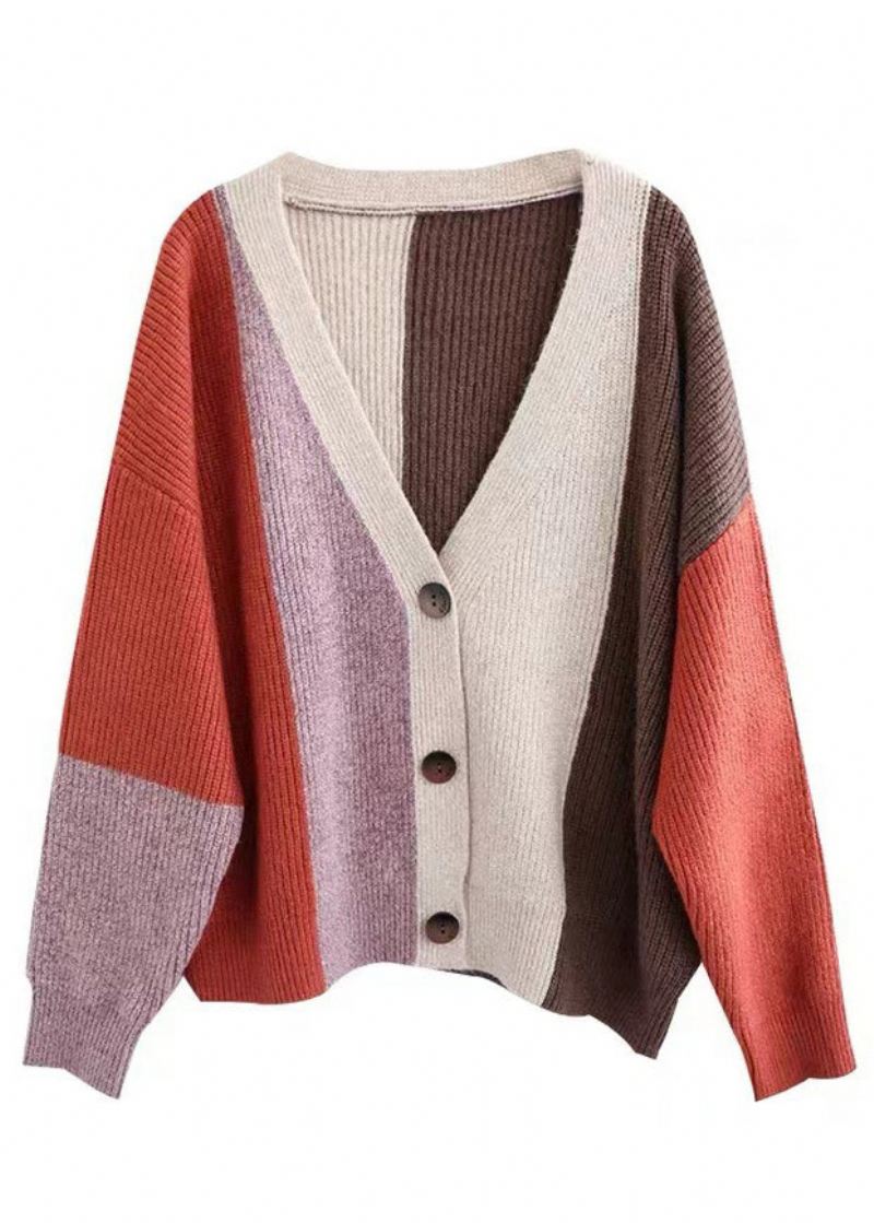 Kvinner Oransje Colorblock Button Patchwork Knitting Cardigan Fall - Cardigans for kvinner