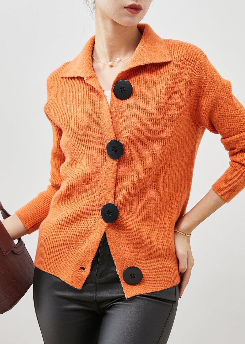 Kvinner Oransje Peter Pan Krage Button Down Strikke Cardigans Spring