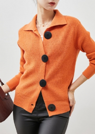 Kvinner Oransje Peter Pan Krage Button Down Strikke Cardigans Spring