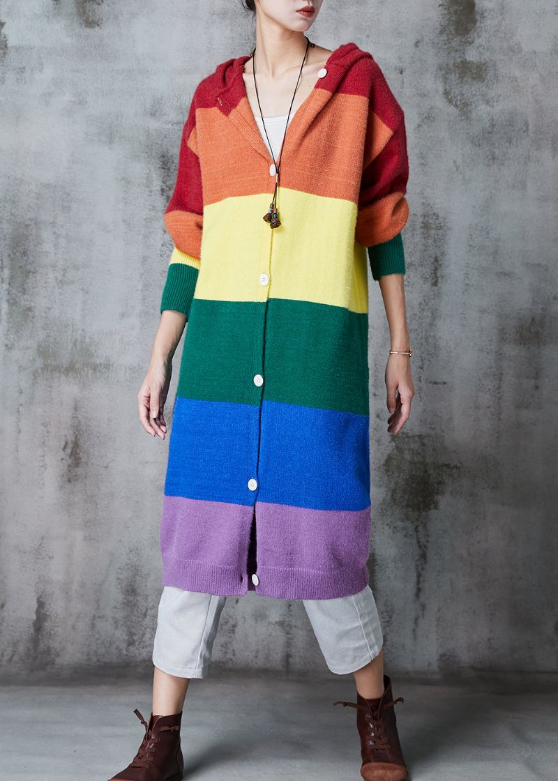 Kvinner Rainbow Hette Patchwork Strikk Lange Cardigans Spring