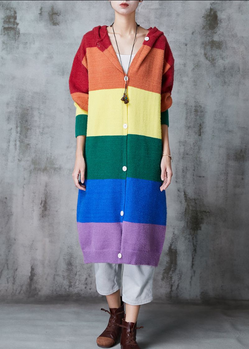 Kvinner Rainbow Hette Patchwork Strikk Lange Cardigans Spring - Cardigans for kvinner