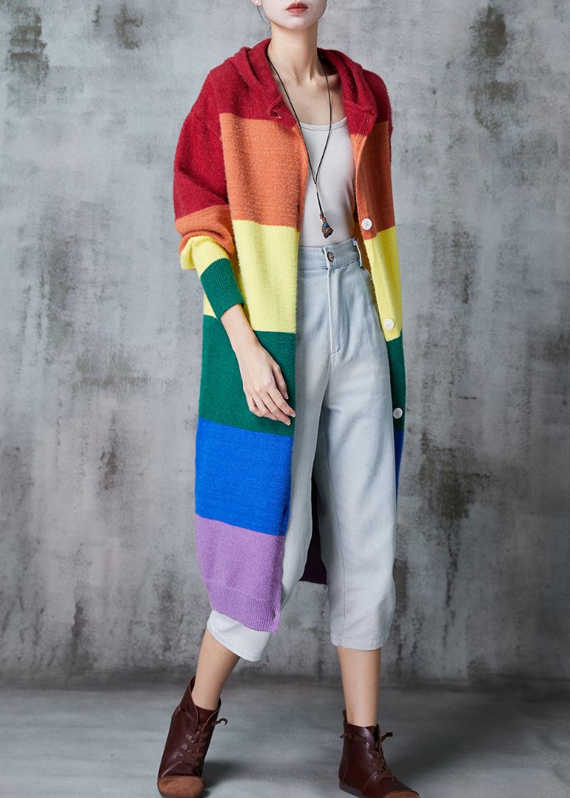 Kvinner Rainbow Hette Patchwork Strikk Lange Cardigans Spring - Cardigans for kvinner