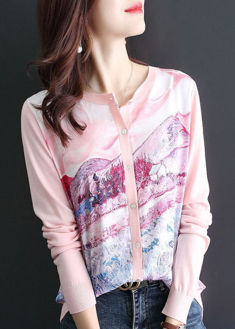 Kvinner Rosa O-hals Patchwork Strikk Cardigan Spring