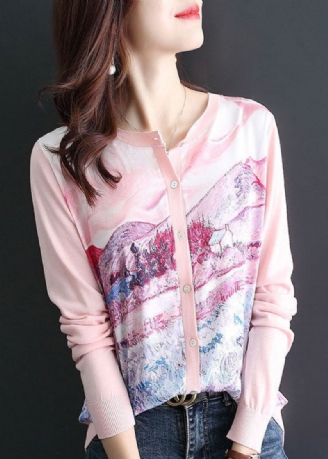 Kvinner Rosa O-hals Patchwork Strikk Cardigan Spring