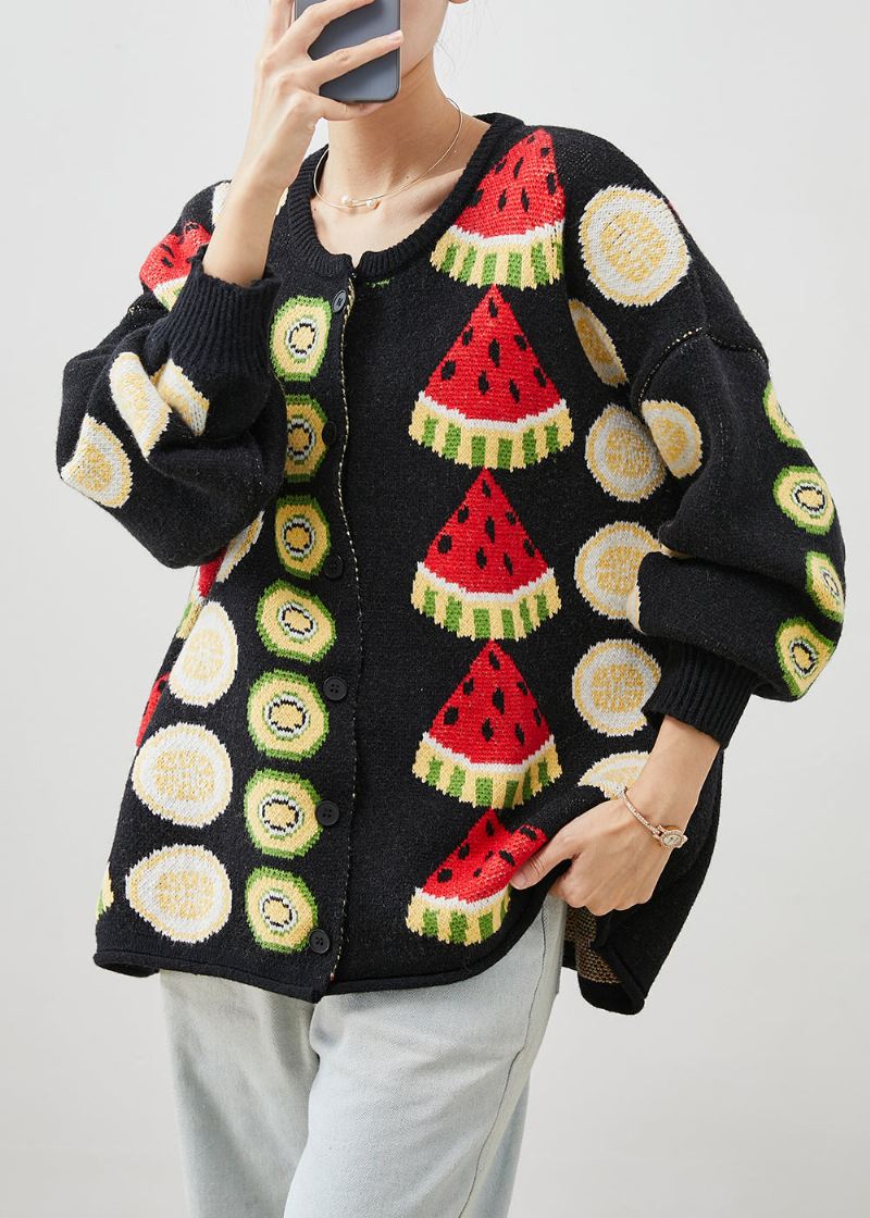 Kvinner Svart Frukt Print Oversized Strikkede Cardigans Vinter