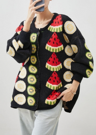 Kvinner Svart Frukt Print Oversized Strikkede Cardigans Vinter