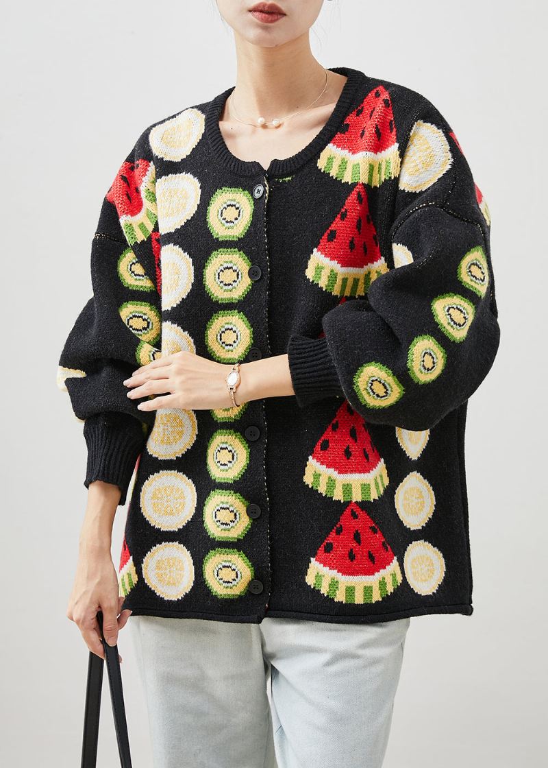 Kvinner Svart Frukt Print Oversized Strikkede Cardigans Vinter - Cardigans for kvinner