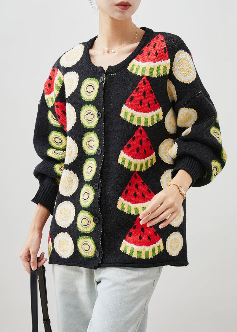 Kvinner Svart Frukt Print Oversized Strikkede Cardigans Vinter - Cardigans for kvinner