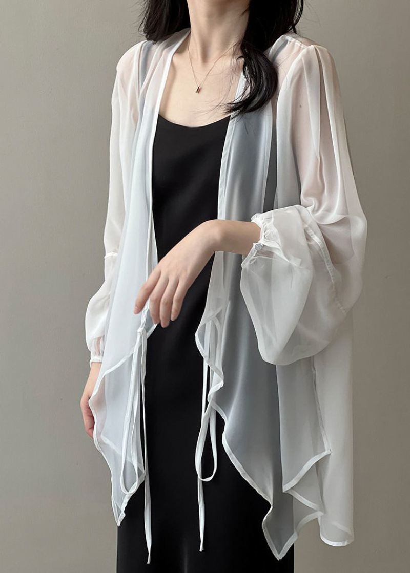 Kvinner Svart V Neck Tie Midje Chiffon Upf 50+ Cardigan Summer - Svart