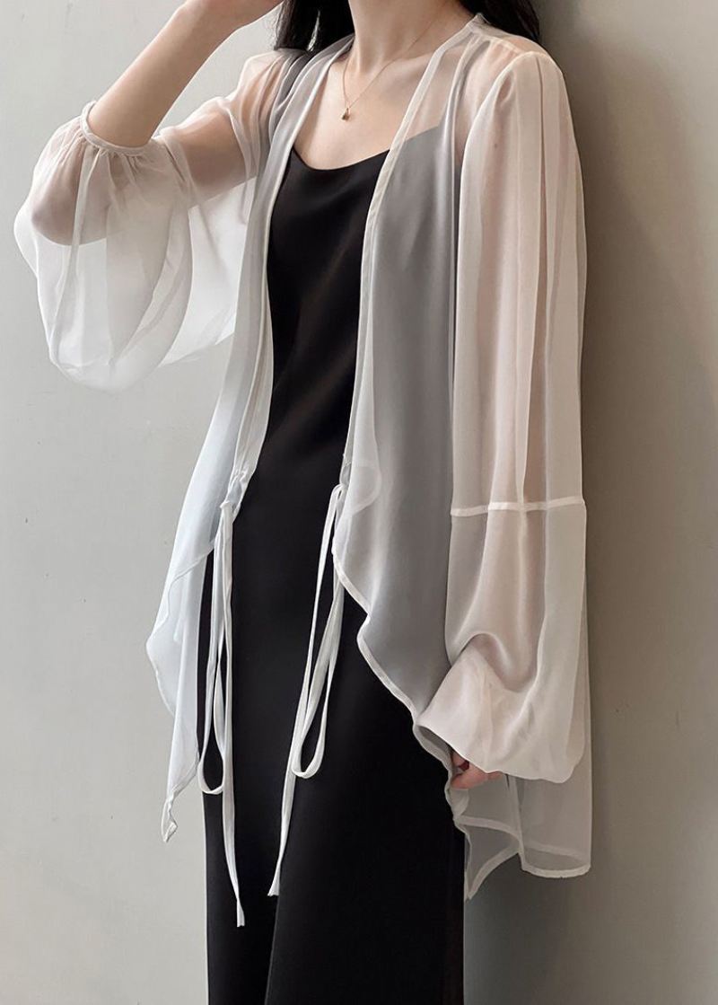 Kvinner Svart V Neck Tie Midje Chiffon Upf 50+ Cardigan Summer - Svart