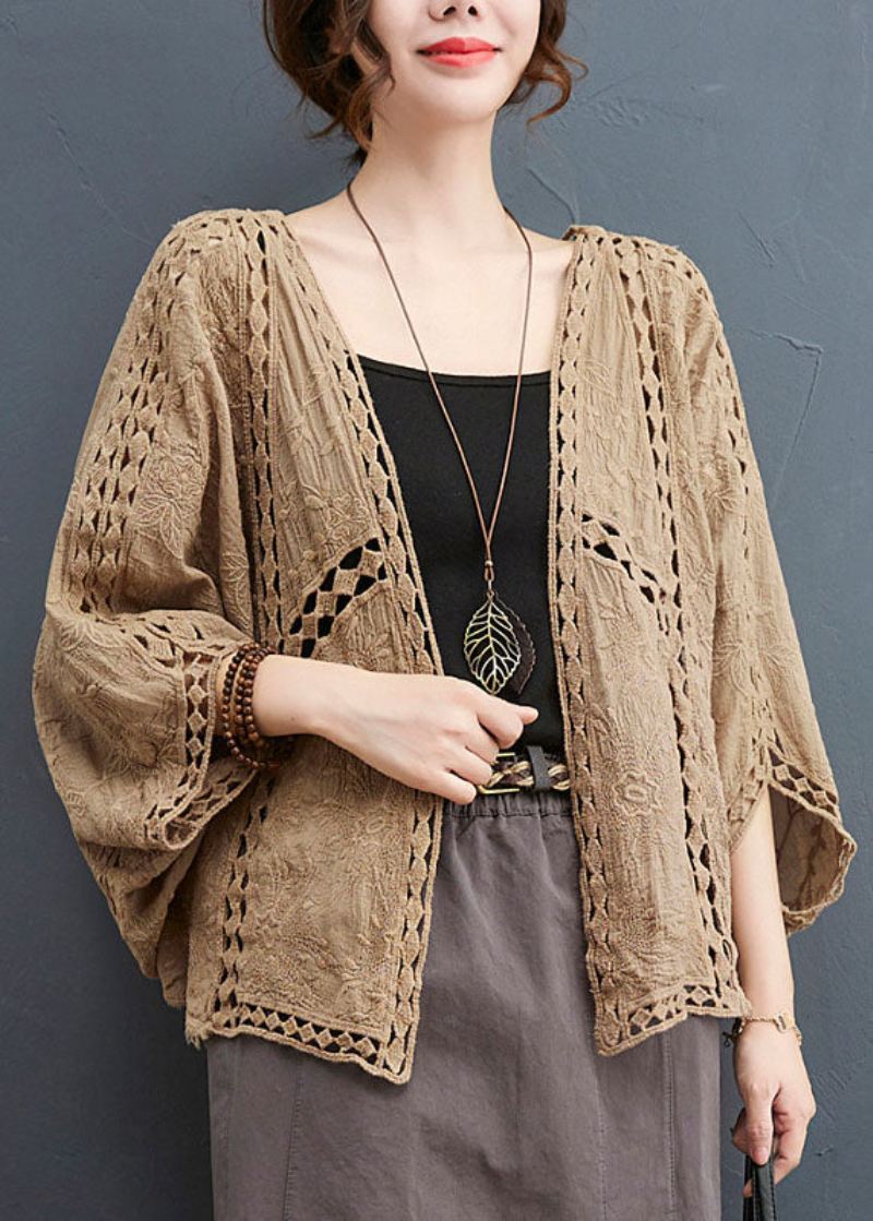 Lett Khaki Løs Cardigan Hollow Out Batwing Sleeve