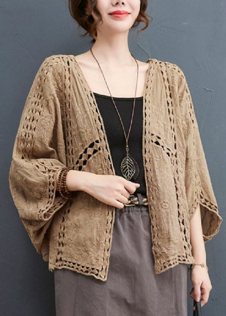 Lett Khaki Løs Cardigan Hollow Out Batwing Sleeve