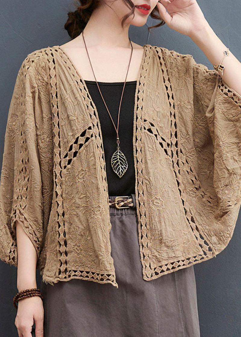 Lett Khaki Løs Cardigan Hollow Out Batwing Sleeve - Lys Khaki