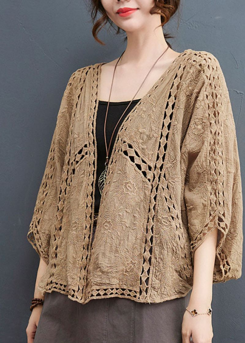 Lett Khaki Løs Cardigan Hollow Out Batwing Sleeve - Lys Khaki