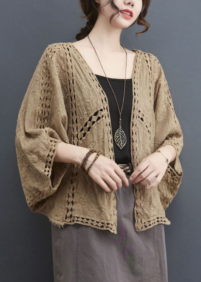 Lett Khaki Løs Cardigan Hollow Out Batwing Sleeve - Lys Khaki