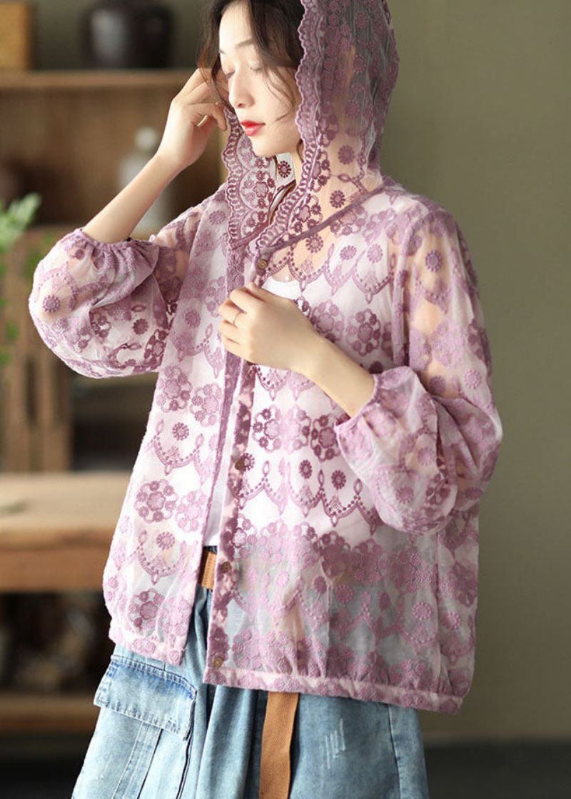 Lilla Hollow Out Lace Upf 50+ Frakk Cardigan Brodert Langermet - Lilla