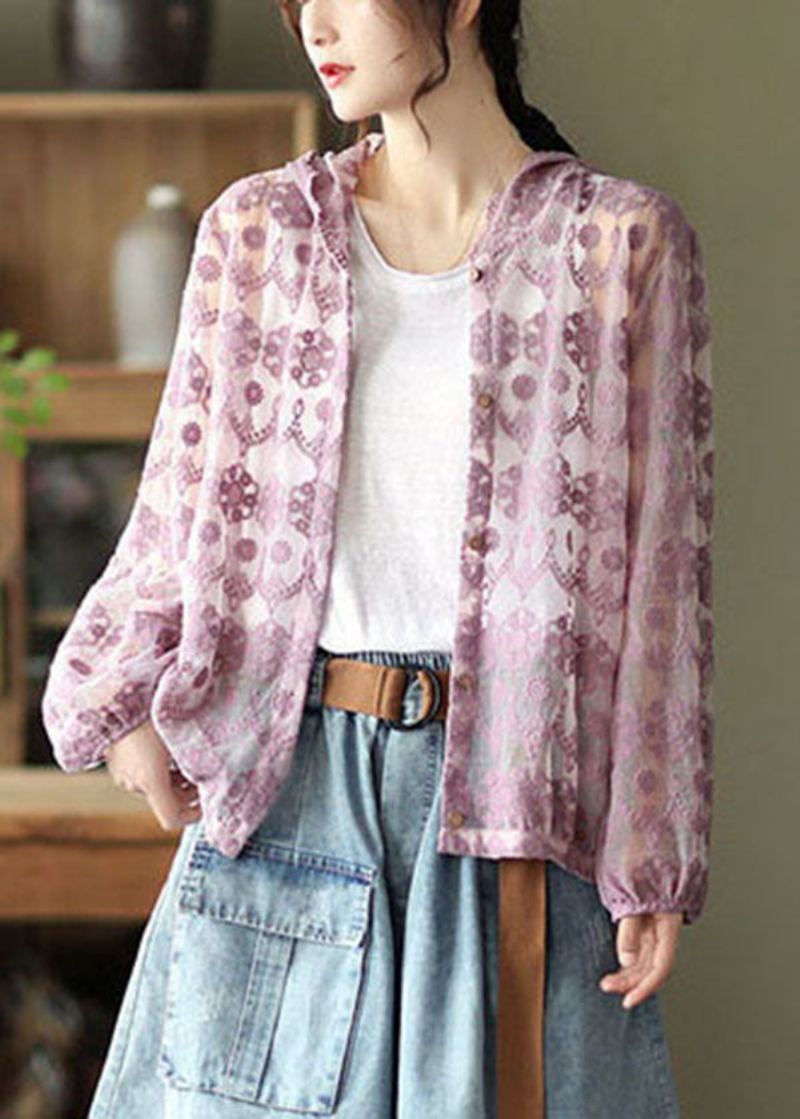 Lilla Hollow Out Lace Upf 50+ Frakk Cardigan Brodert Langermet - Lilla