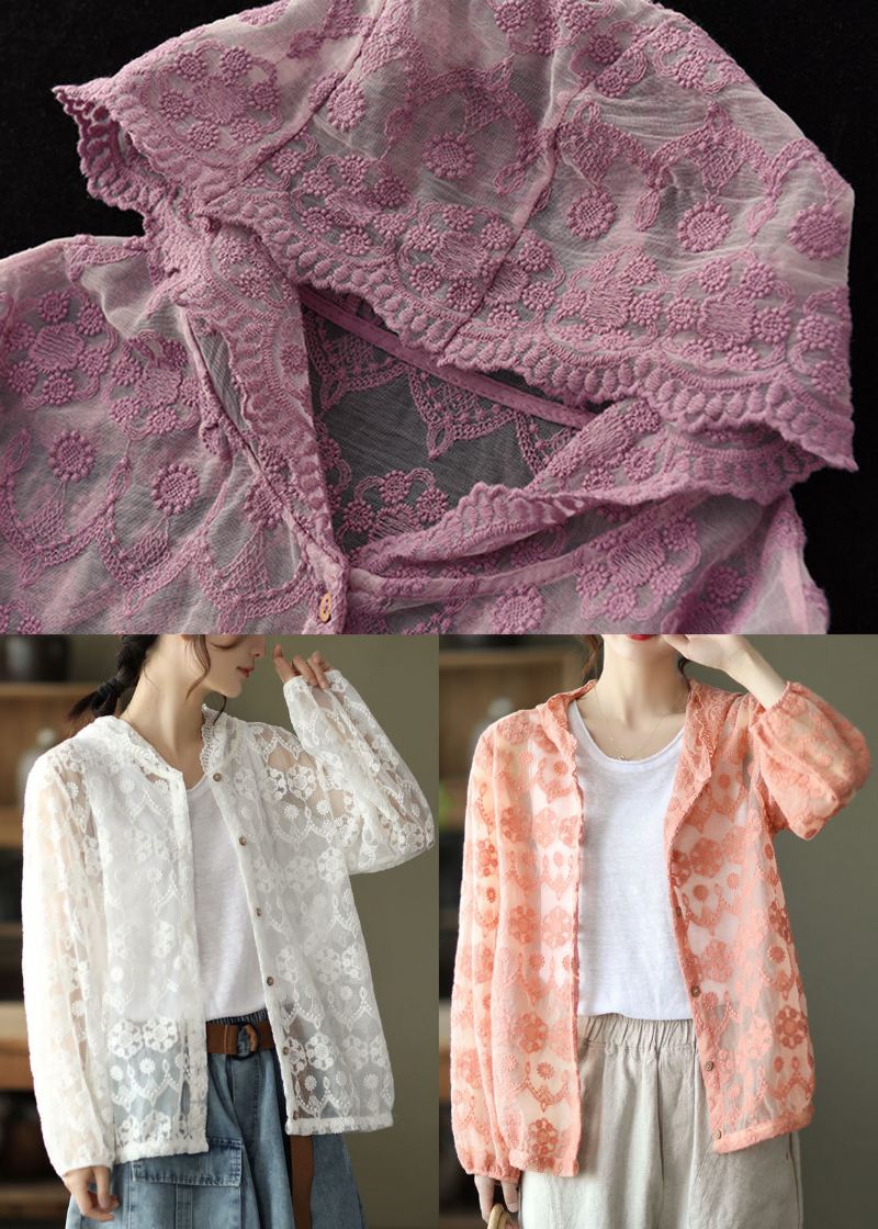 Lilla Hollow Out Lace Upf 50+ Frakk Cardigan Brodert Langermet - Lilla