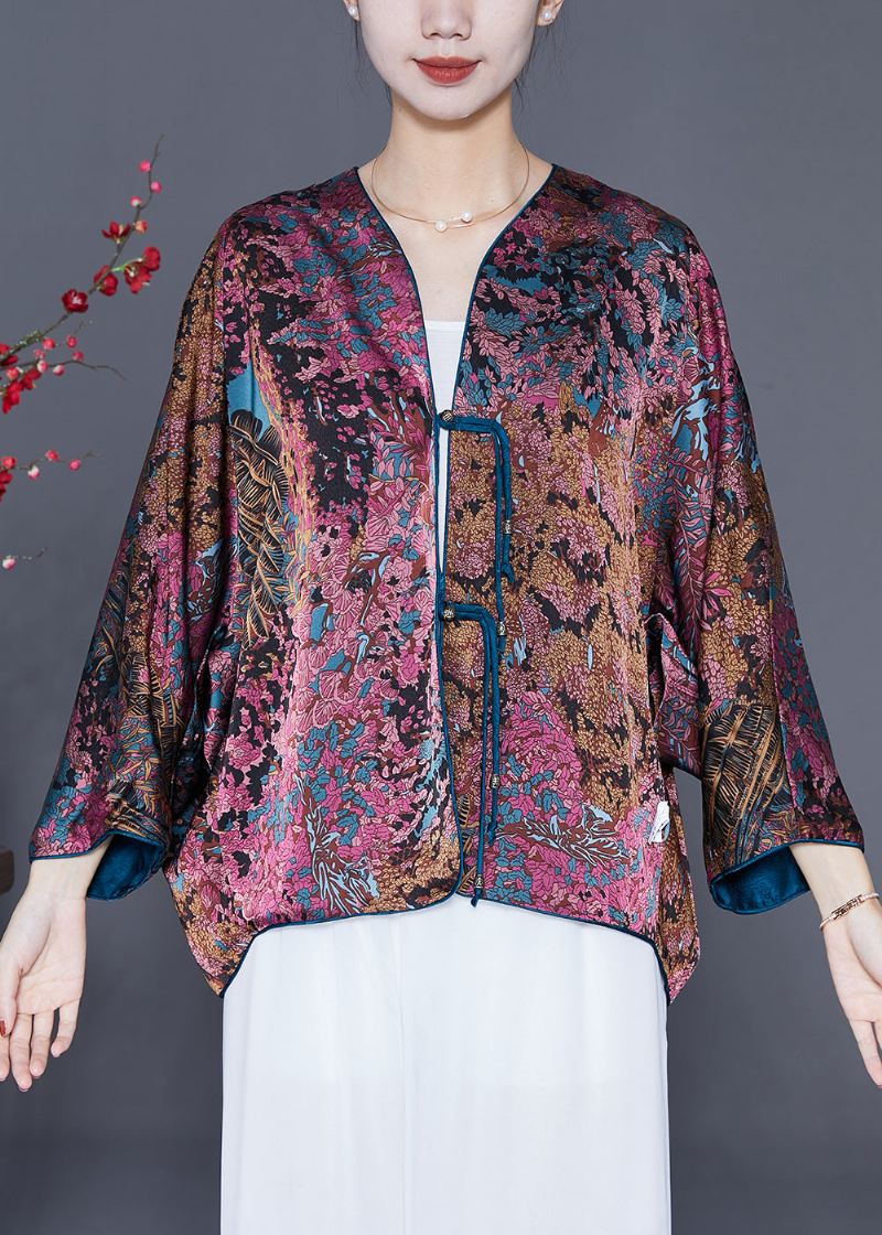 Lilla Print Silke Cardigan Oversized Dusk Slitasje På Begge Sider Spring