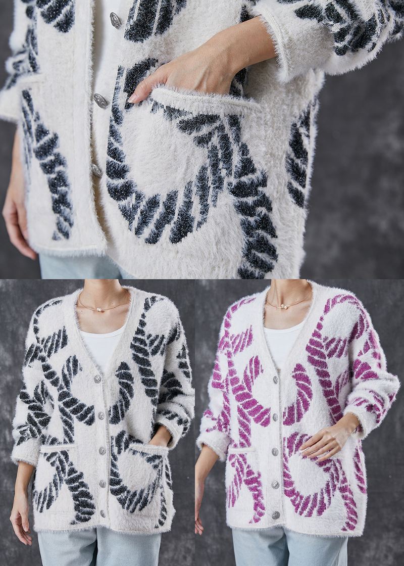 Lilla Print Strikk Løs Frakk V-halslommer Spring - Cardigans for kvinner