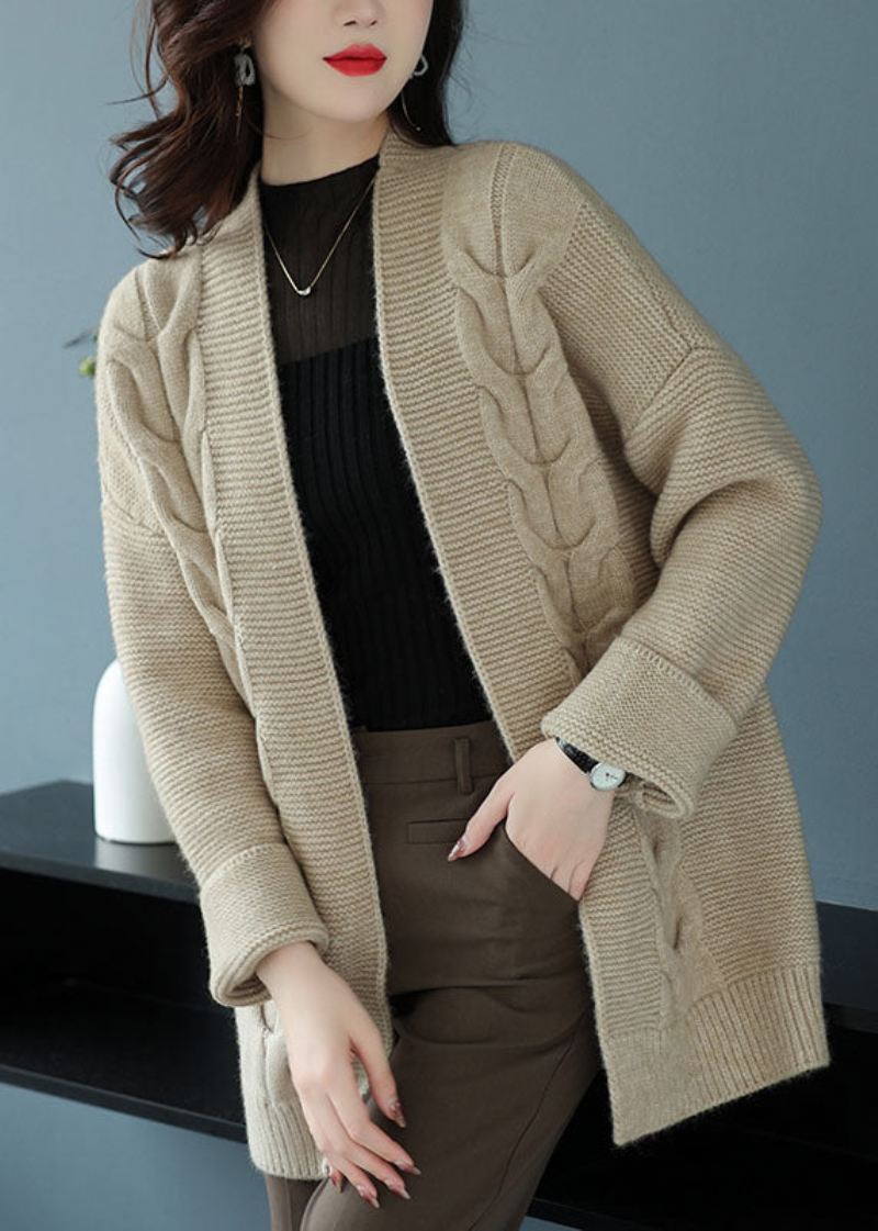 Løs Beige V-hals Patchwork Tykk Ullstrikket Cardigan Høst