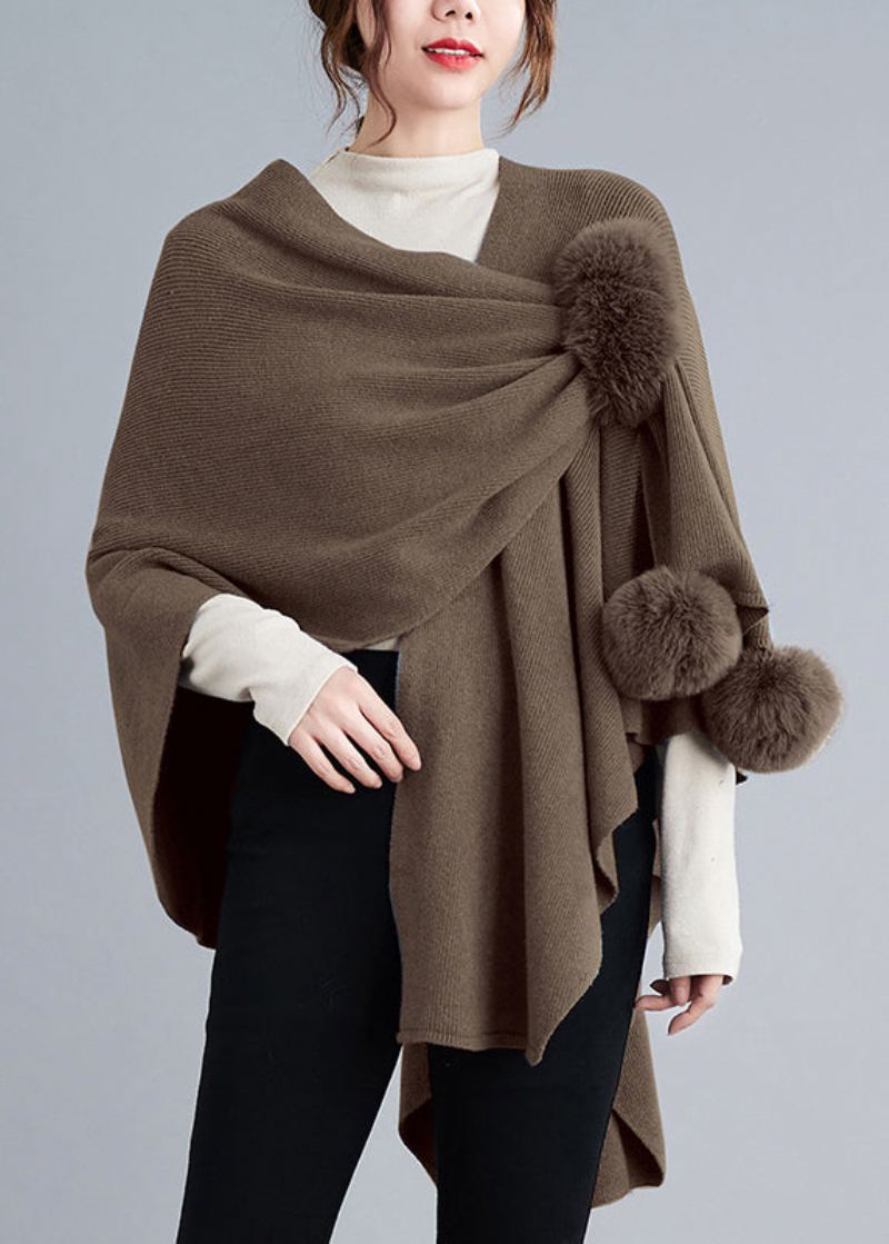 Løs Khaki Asymmetrisk Fuzzy Ball Patchwork Knit Cape Coats Høst