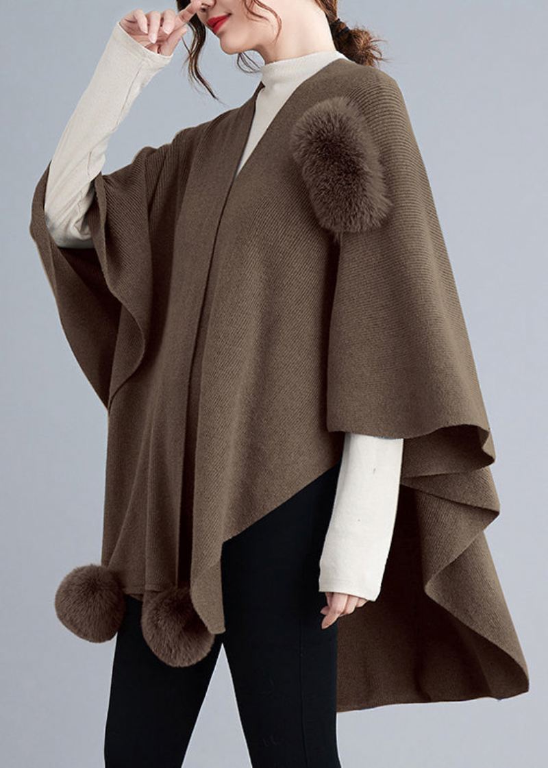 Løs Khaki Asymmetrisk Fuzzy Ball Patchwork Knit Cape Coats Høst - Cardigans for kvinner