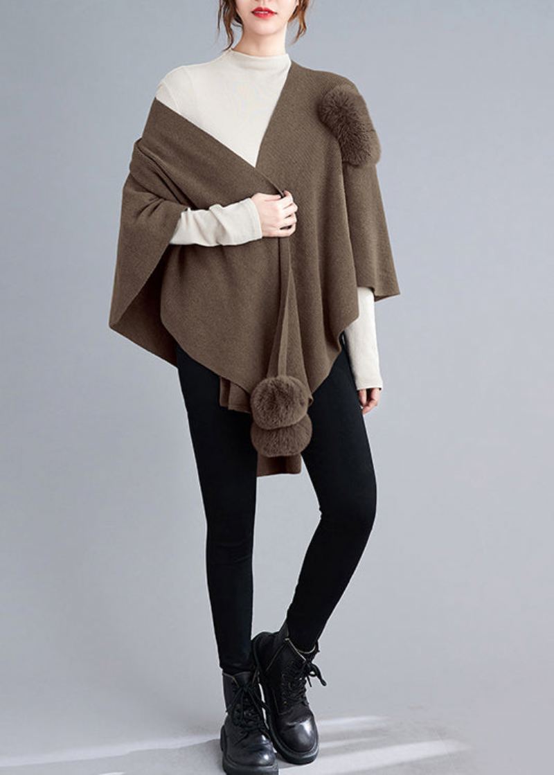 Løs Khaki Asymmetrisk Fuzzy Ball Patchwork Knit Cape Coats Høst - Cardigans for kvinner